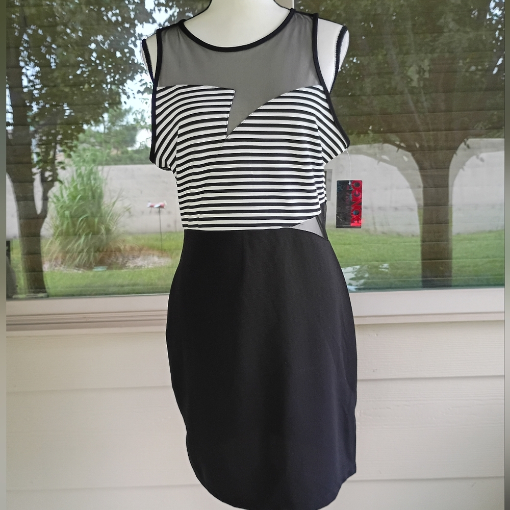 NEW Bongo Black & White Striped Meteorite Mesh Cut Out Bodycon Dress Size Large